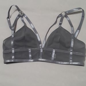 Gray mesh & satin strappy unpadded bra
